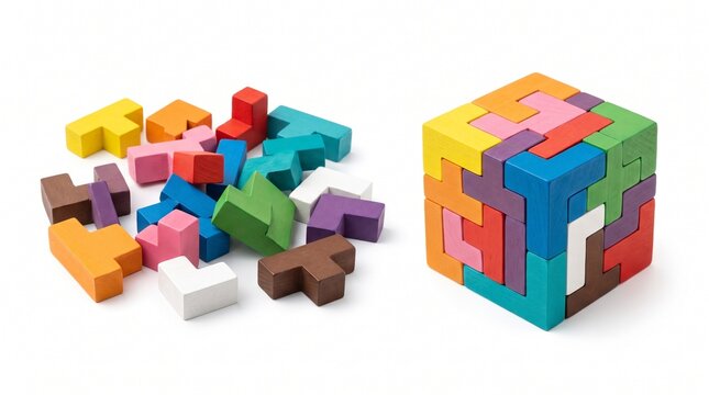 Colorful wooden puzzle blocks scattered around a completed three dimensional cube isolated on white background