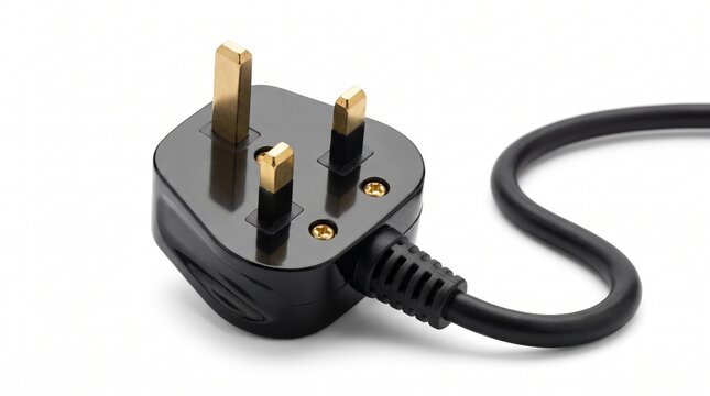 British three pin electrical plug with shiny brass prongs and connected flexible black cord on white background