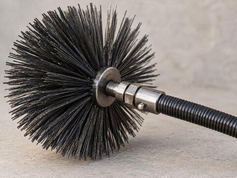 chimney sweep cleans a brick chimney with a brush outdoors