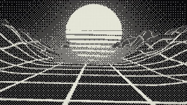 1-bit dithered synthwave grid landscape flyover toward a striped setting sun, seamless loop