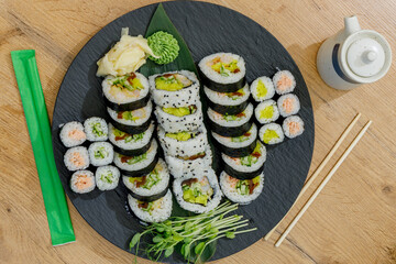 A delicious platter of assorted sushi rolls from above © Cavan