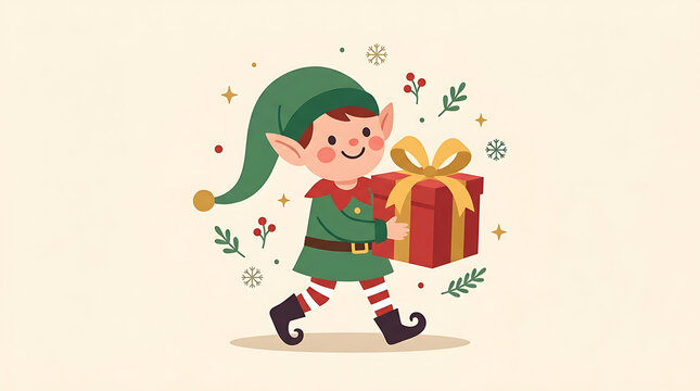 Cute cartoon elf carrying a red Christmas gift against a simple beige background