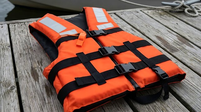 Orange life jacket with safety whistle resting on a weathered wooden boat dock