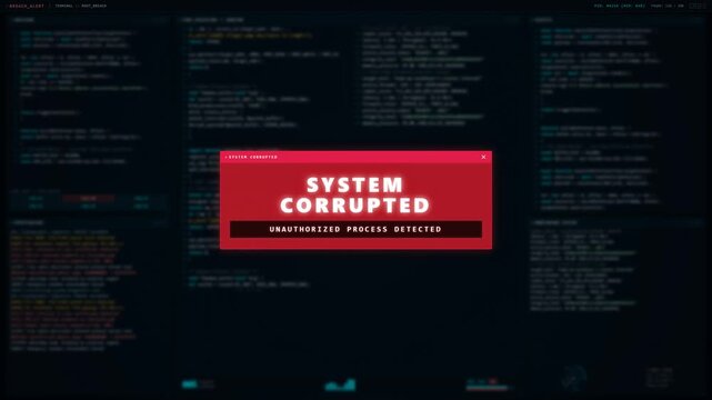 System corrupted alert window animation on code terminal background