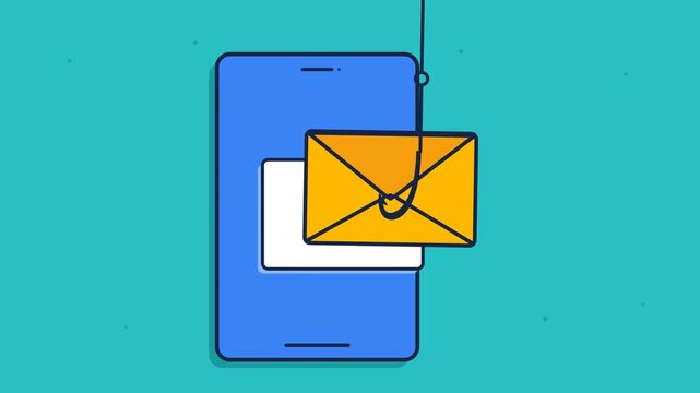 Smartphone phishing animation with fishing hook catching email