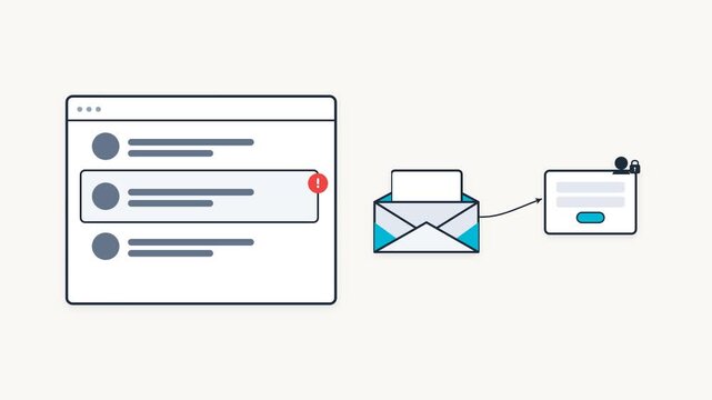 Phishing email inbox animation leading to credential login form
