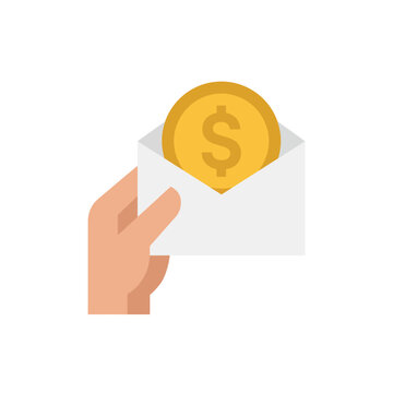 Hand holding envelope with gold dollar coin vector icon for salary payment and bonus