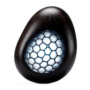 Polished ebony seed featuring a glowing internal geometric honeycomb of soft blue light cut out on transparent background