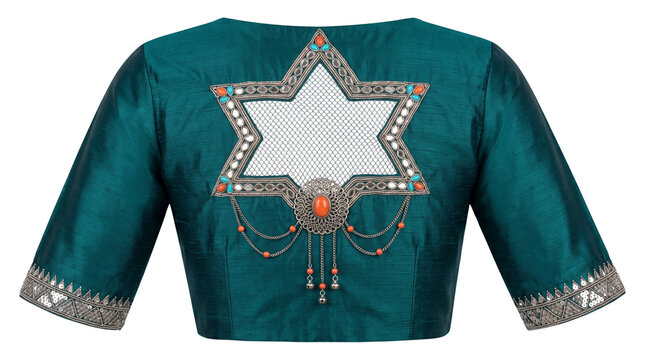 Traditional teal silk saree blouse with star mirror work, dark green ethnic embroidered top, festive Indian wedding wear with silver thread isolated PNG with Transparent Background
