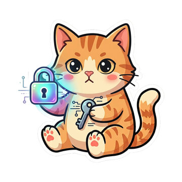Cute cartoon kitten holding digital key and padlock symbolizing