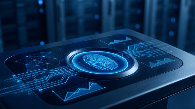 Professional digital technology background with glowing biometric fingerprint security scanning and network data encryption elements for modern corporate cybersecurity concepts