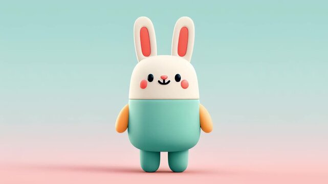 Cheerful three dimensional cartoon rabbit character jumping up and down with a happy expression on its face against a pastel background, perfect for easter greetings or children's content