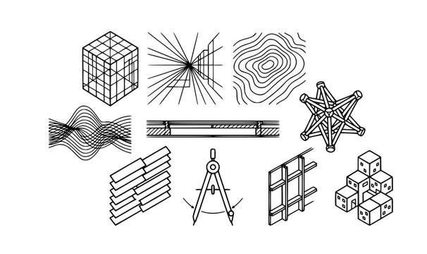 Technical Monoline Architecture 3D Perspective Minimal Vector Icons
