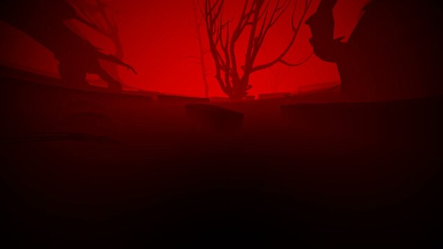 Seamless animation flying over a red cemetery at night with trees, tomb stones, skulls and killer skeletons.  Spooky Halloween backdrop in a videogame style.