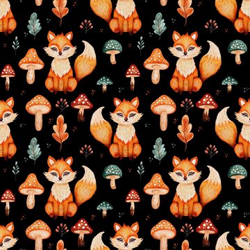 Watercolor fox pattern black background.