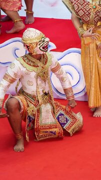 Footage of Monkey Warrior Hanuman&rsquo;s Iconic Stance in Khon Performance, Fantastic Thai Traditional Masked Dance Drama Performed since the Ayutthaya Kingdom