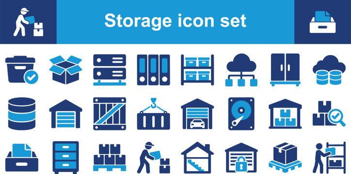 Storage icon set containing icons for warehouse, cardboard boxes, server rack, file cabinet, and logistics. Solid glyph vector icons for supply chain management and inventory control