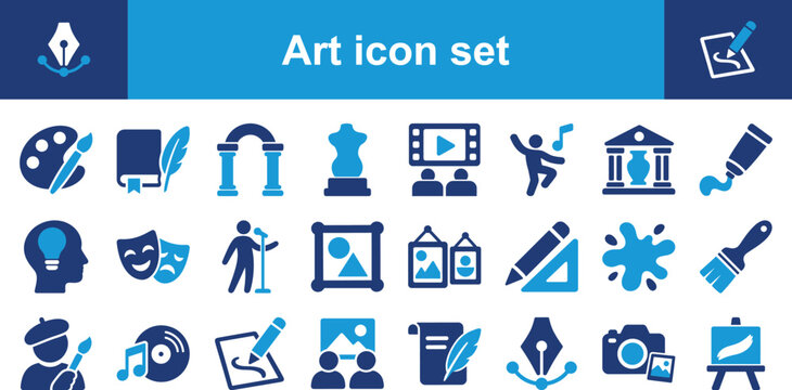 Art and creative design solid icon set containing palette, sculpture, theater masks, pencil, and camera symbols for culture and media projects