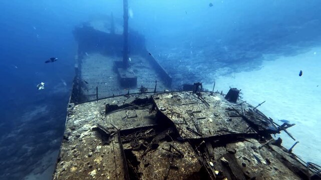 An elevated underwater view follows the broken deck of the Silver Star wreck in Mauritius. Corroded railings, openings and a sandy seabed suit wreck diving and travel content.