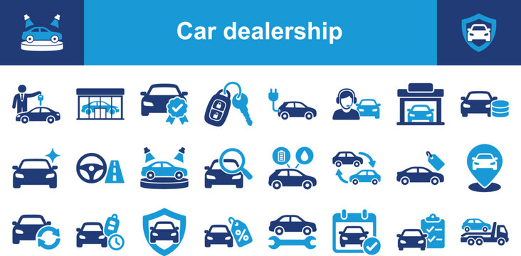 Car dealership and automotive service solid icon set containing icons for car sales, key fob, electric vehicle, warranty, maintenance, and showroom for transport business