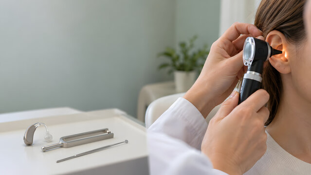 Ear examination with otoscope, hearing aid and tuning fork
