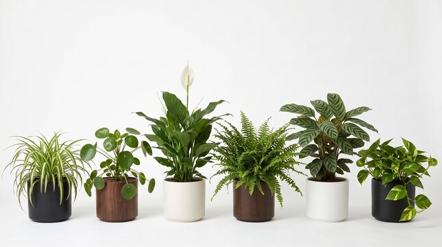 Collection of various potted indoor plants displayed against a clean white background showcasing natural home decor and botanical beauty