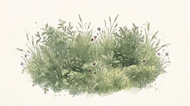 Delicate watercolor painting of wild grasses and foliage in soft pastel shades on a cream background