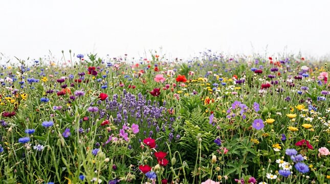 Vibrant wildflower meadow stretching into the distance under a bright overcast sky showcasing natural beauty