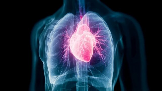 Animated human heart and lungs in a translucent chest cavity
