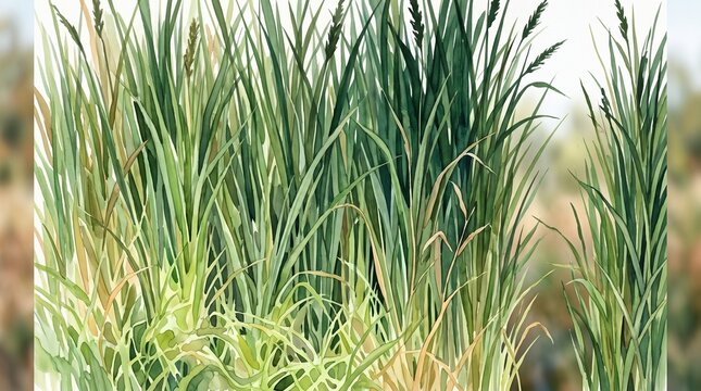 Lush green cattails grow densely along the shoreline of a calm lake or pond during summer