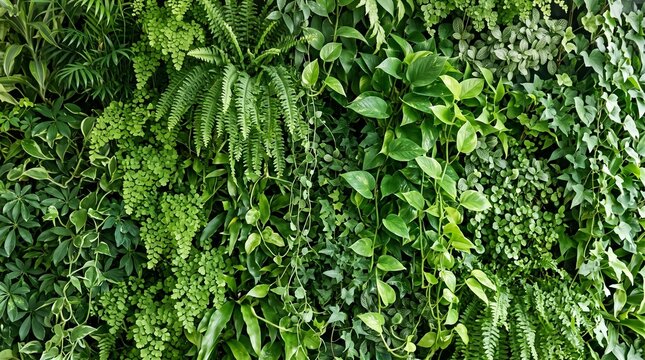 Lush green wall covered in a variety of plants creating a vibrant natural textured background for environmental concepts