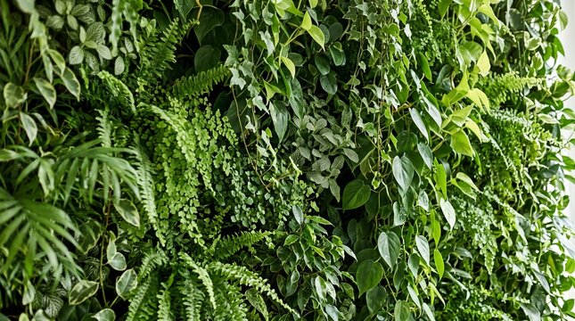 Lush green wall of diverse plants creating a vibrant natural indoor garden and fresh botanical backdrop