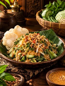 Karedok or fresh raw Indonesian vegetable salad with rich peanut sauce and krupuk crackers, a healthy traditional vegetarian dish