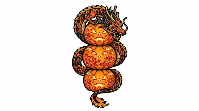 Chinese dragon coiled around three Halloween pumpkins with traditional floral patterns and spooky jack o lantern faces on white background