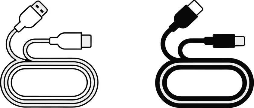 USB data cable icon set in outline and solid styles featuring charging connectors, device connectivity, digital accessories, file transfer, electronics, vector illustration, design, concept.