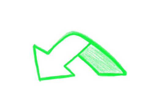 Hand drawn green outlined block arrow curving down and left, pencil hatched shading doodle sketch, bold direction sign symbol isolated on white background for turn, guide and business concepts