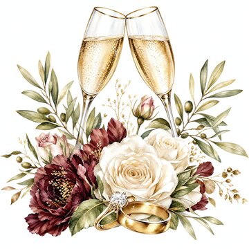 Two Champagne Flutes Clinking Above Ivory Roses and Olive Branches