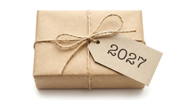 Gift box wrapped in brown craft paper with twine and a label showing the year 2027