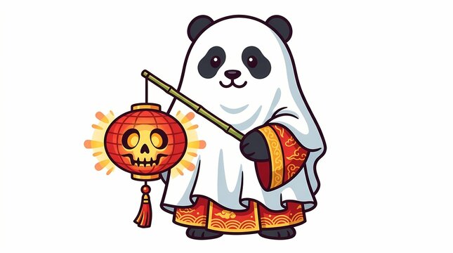Cute panda dressed as a ghost wearing traditional Chinese red clothes and holding a glowing skull lantern for Halloween celebration vector