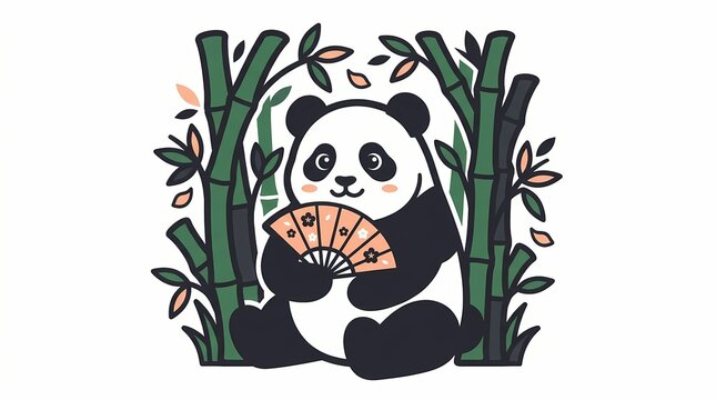 Cute panda bear sitting and holding a traditional decorative fan surrounded by green bamboo stalks in a clean minimalist vector art style