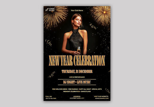 Editable New Year Celebration Flyer Template with Event Details in Black and Gold Design.