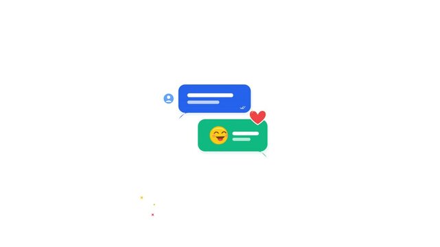 Minimalist animation of blue and green text bubbles with laughing emojis and heart icons popping up on a clean white backdrop. Perfect for digital marketing and social media video content.
