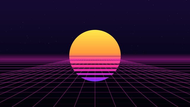 Retro synthwave sun over neon grid horizon seamless loop