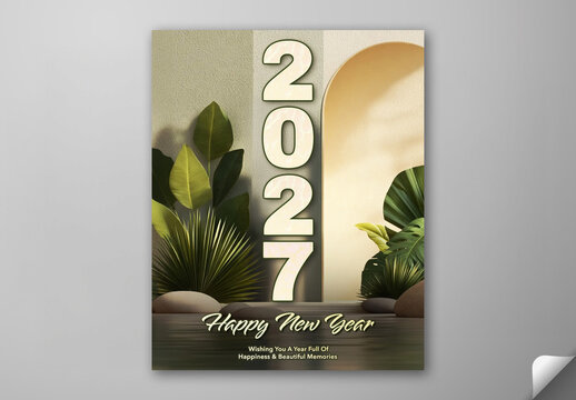 Editable Happy New Year 2027 Greeting Social Media Post Template with Elegant Tropical Leaves.