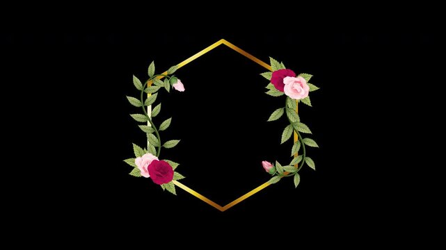 Golden hexagon frame adorned with roses and leaves. Pink and deep red blooms flank the structure. 
Green vines curl gracefully around the edges. 
Transparent background allows easy placement in design