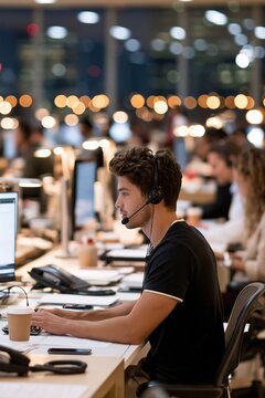 Young man wearing a headset works diligently at a computer in a busy office environment.
