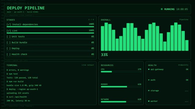Green Deploy Pipeline Build Stages Health Check DevOps Dashboard Animation.