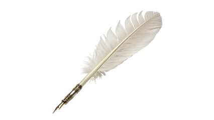 Classic white feather quill pen with metallic nib, isolated on transparent background. © Hanna
