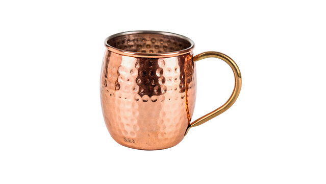 Shiny hammered copper mug for Moscow Mule cocktail, isolated on transparent background.