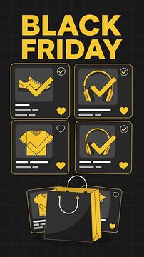 Black Friday Animated E-commerce Sale Promo with Product Selection and Successful Checkout Animation.